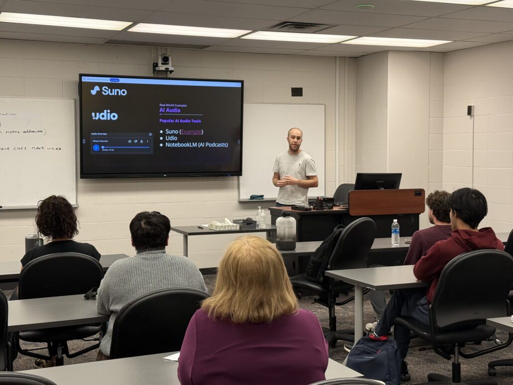 Ryan Doser teaching AI marketing tools to an audience