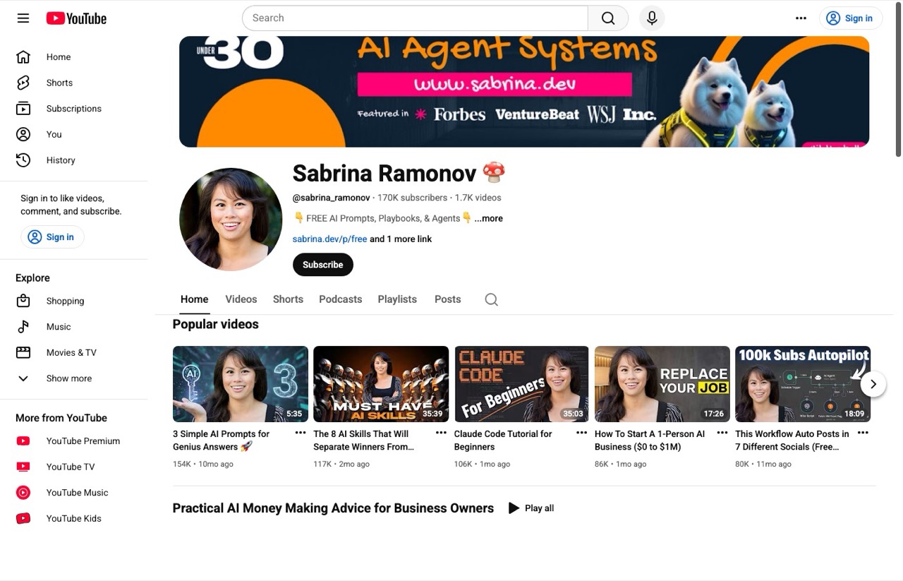Sabrina Ramonov AI YouTube channel page showing 170K subscribers and AI tutorials
