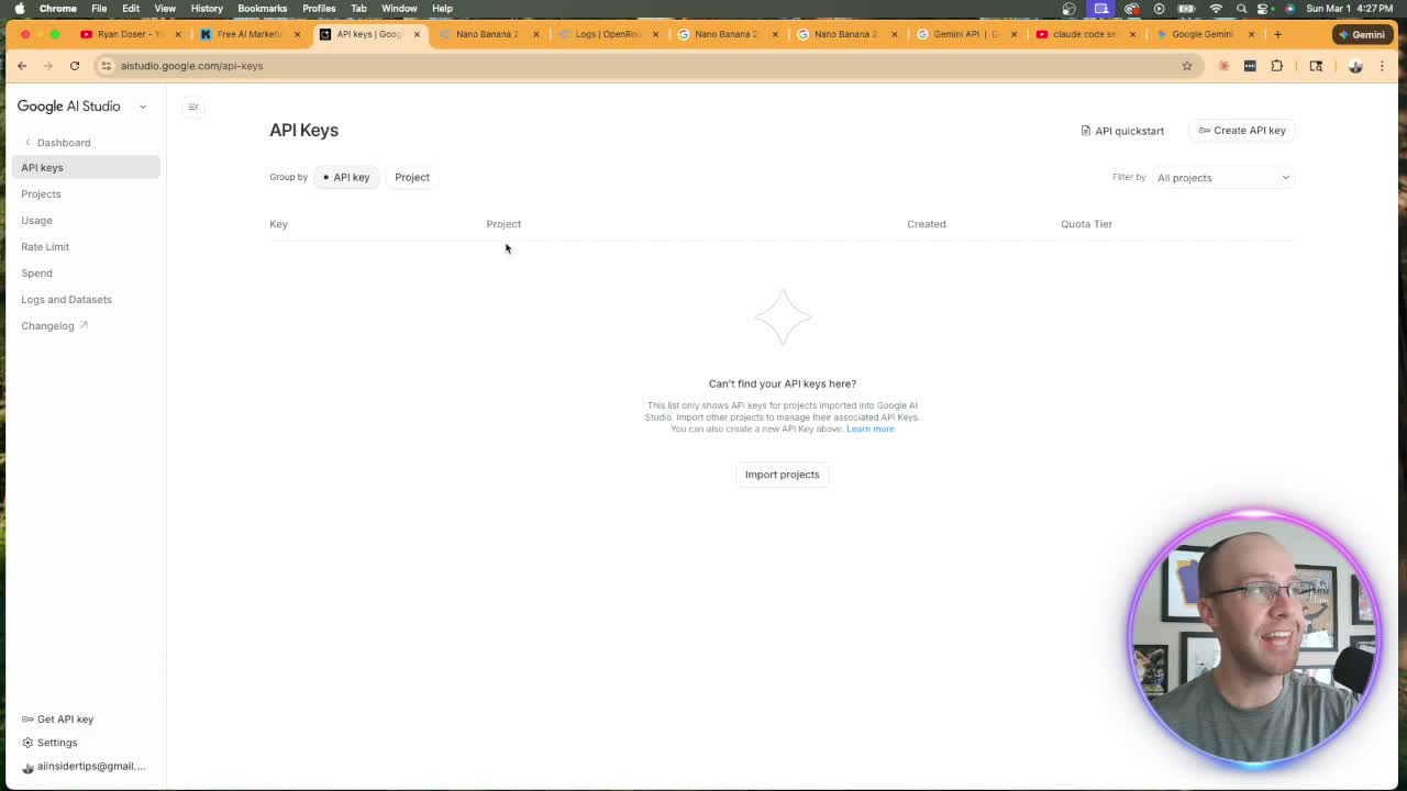 Nano Banana Claude Code Google AI Studio API Keys dashboard showing where to create your key