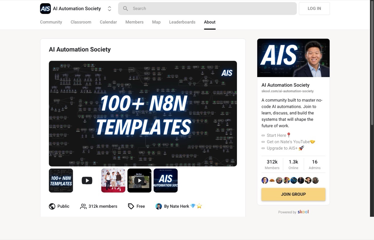 AI Automation Society Skool community page by Nate Herk with 312K members