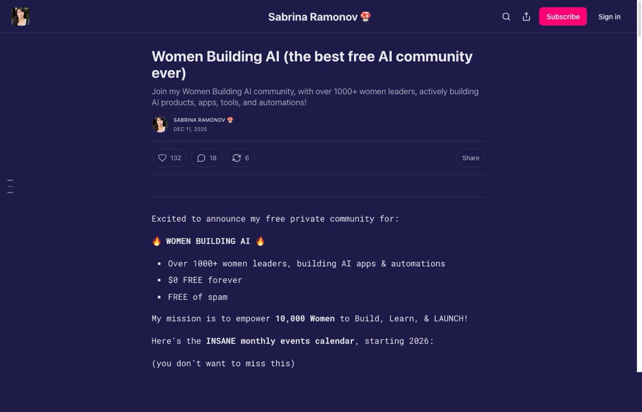 Women Building AI free community page by Sabrina Ramonov for women founders