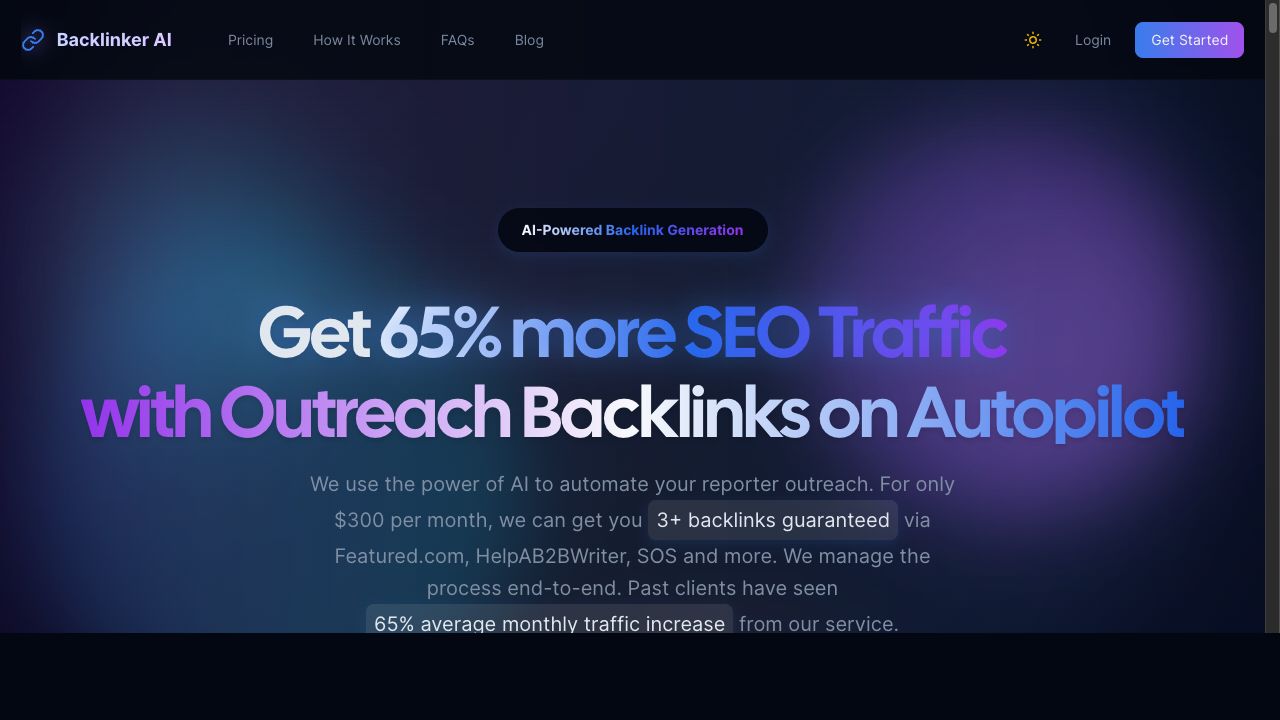 Backlinker AI homepage showing AI-powered backlink automation service with 65 percent traffic increase claim