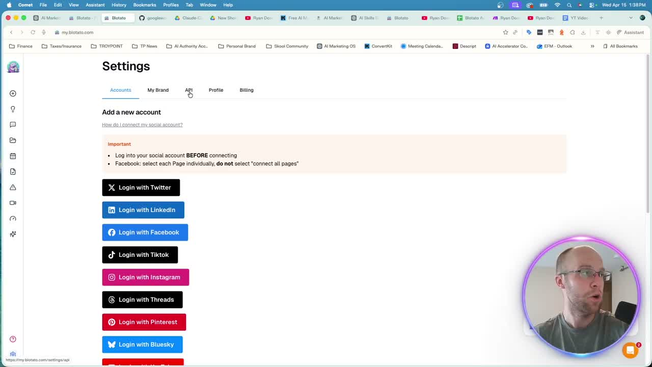 Blotato settings page showing social media account connections for Claude Code integration