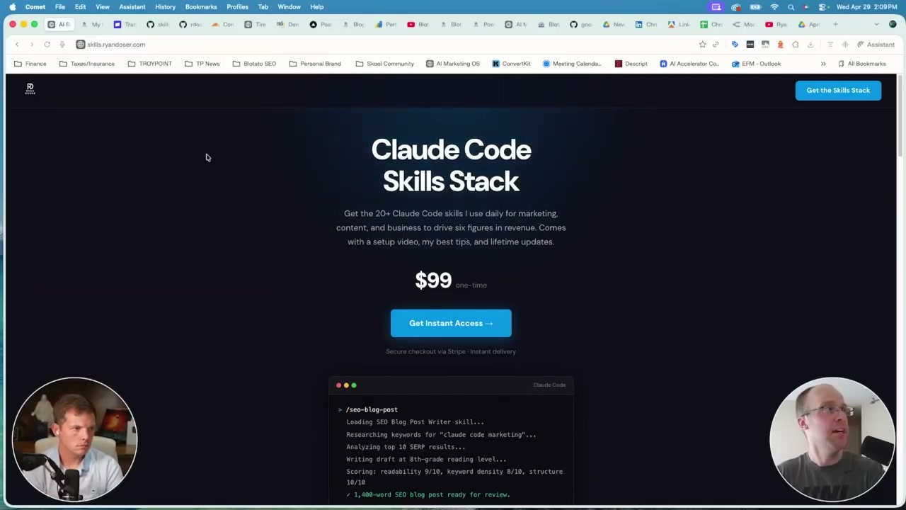 Claude AI side hustle landing page selling 20 Claude Code skills for $99