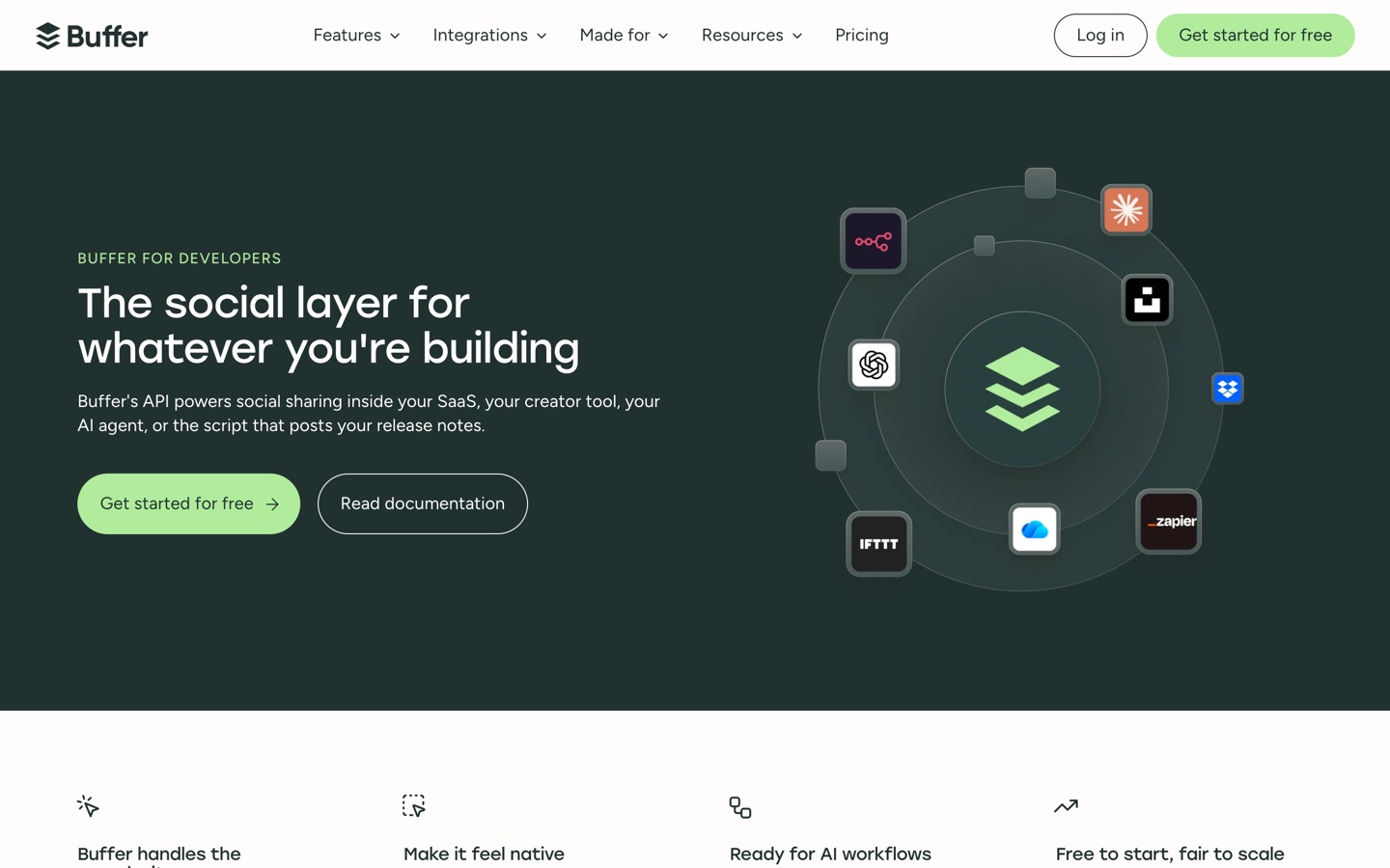 Buffer for Developers page describing its GraphQL API for AI agents and SaaS products