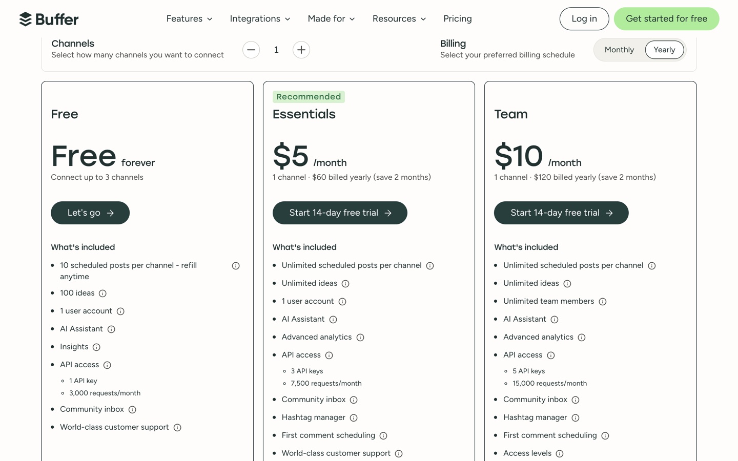 Buffer pricing page showing the Free, Essentials, and Team plans with per-channel pricing and API request limits