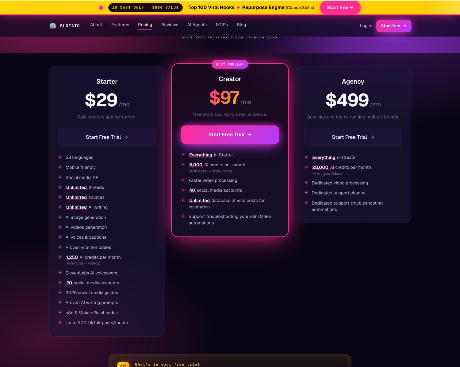 Blotato pricing page showing Starter at $29 with 20 social media accounts, Creator at $97, and Agency at $499