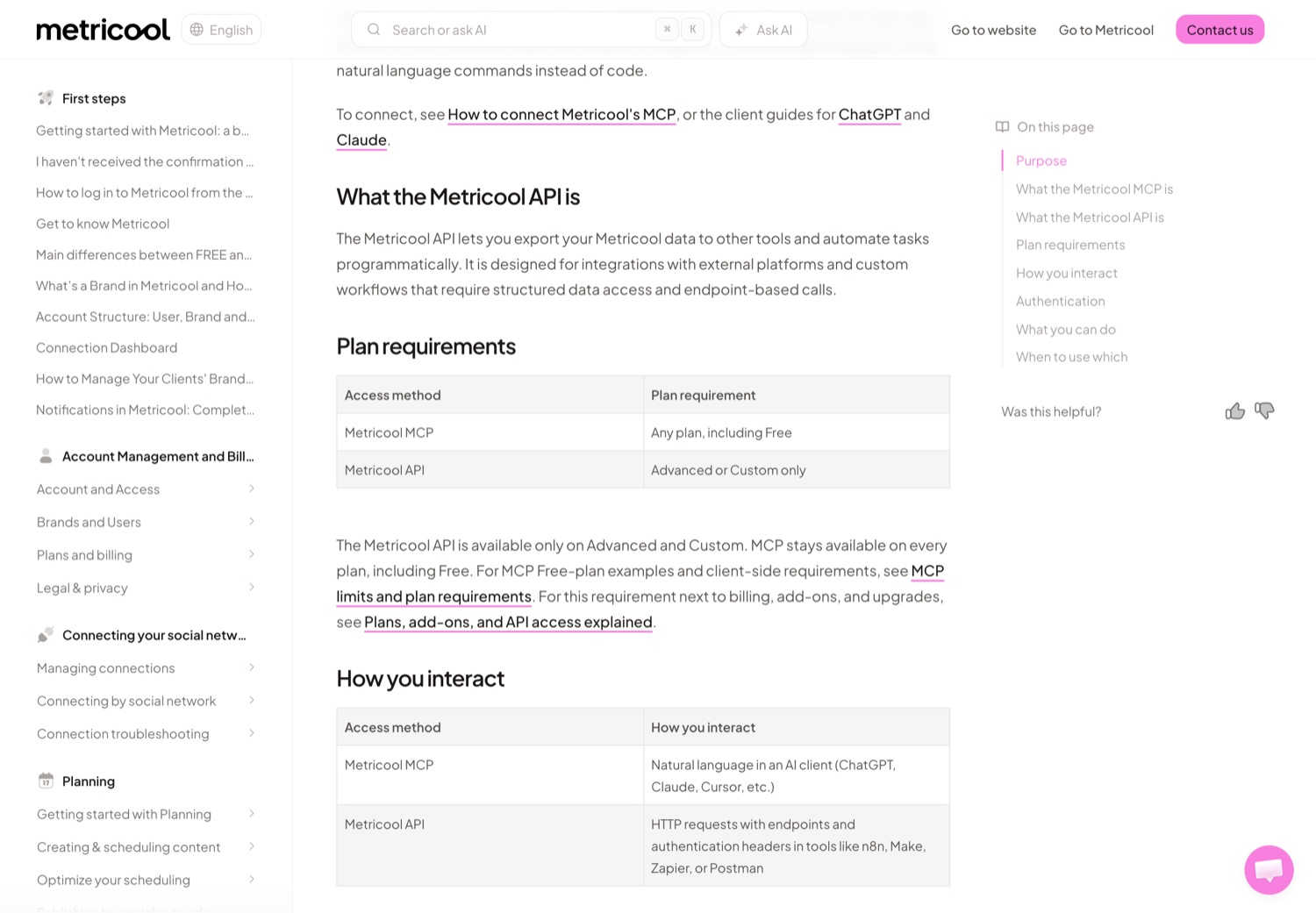 Metricool documentation table showing MCP available on any plan including Free while the API requires Advanced or Custom