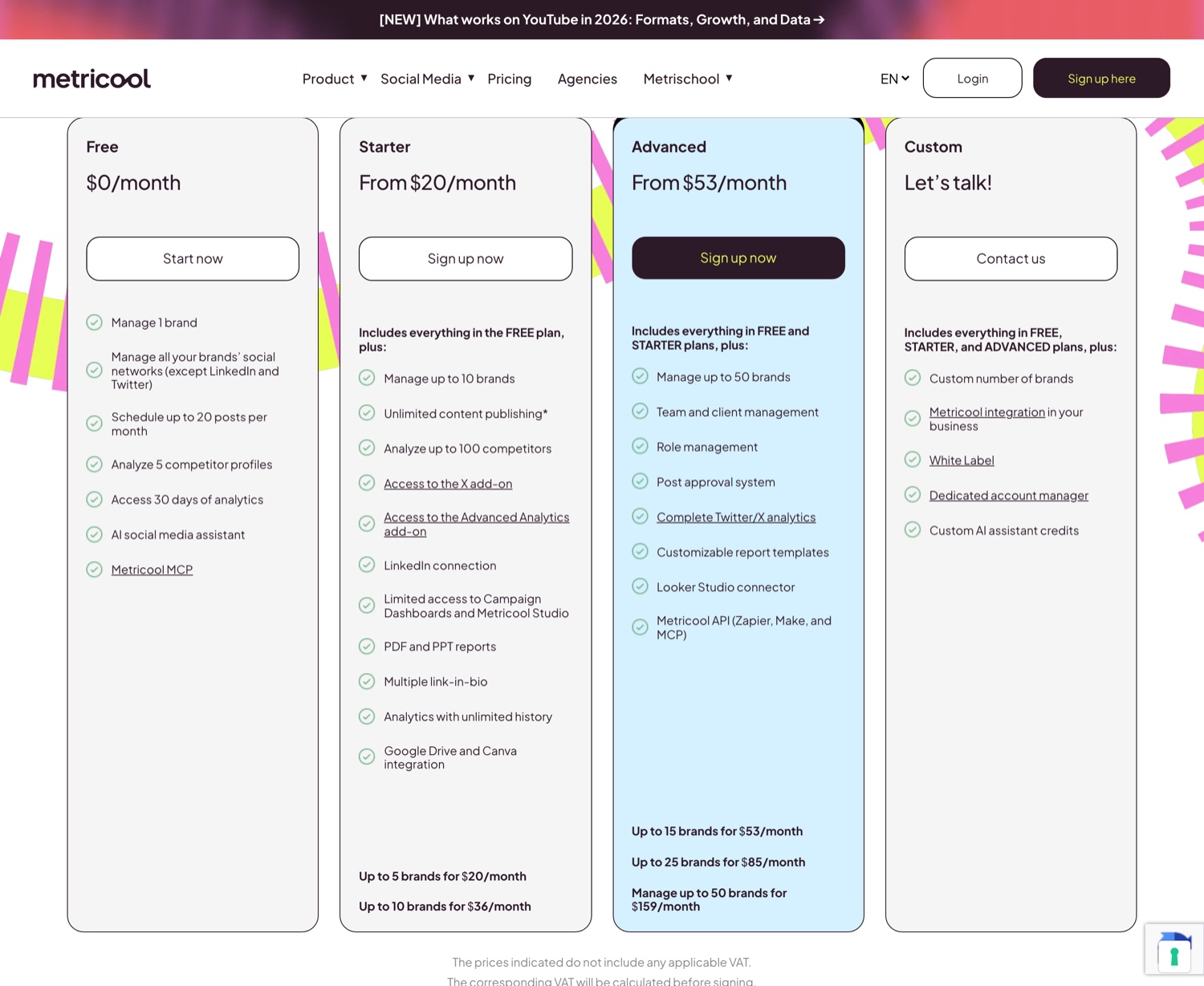 Metricool pricing page showing Free, Starter, Advanced, and Custom plans priced by number of brands