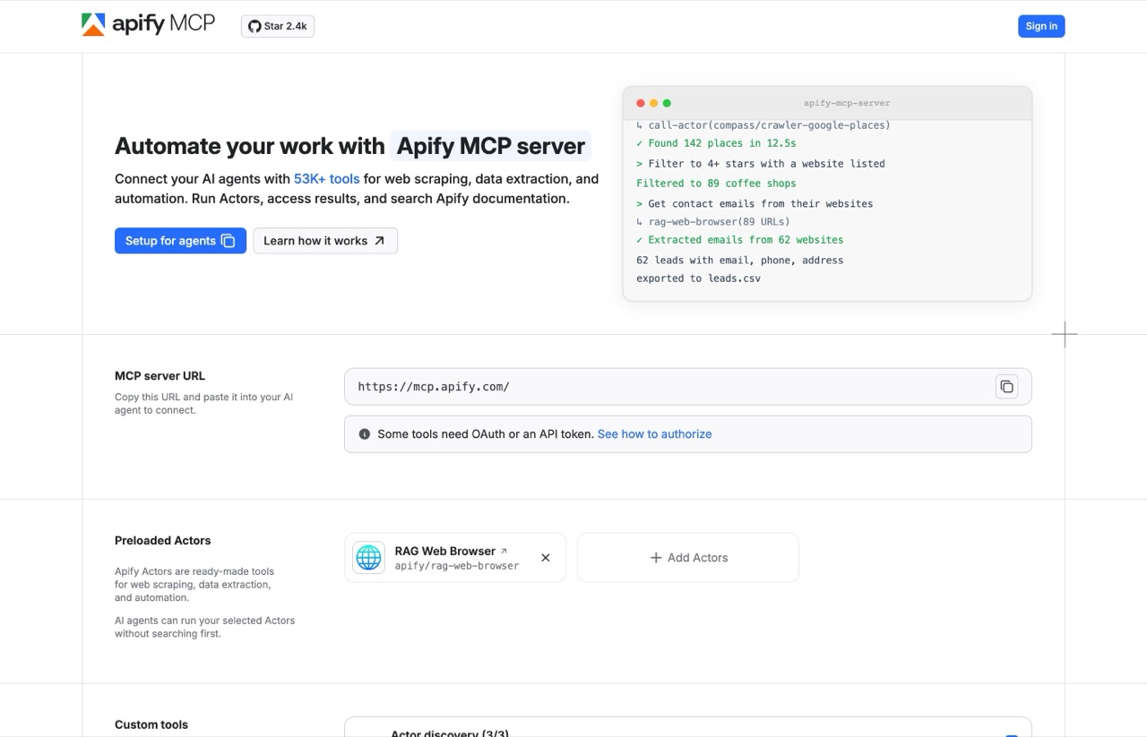 Apify MCP server page showing the hosted endpoint and preloaded scraping actors