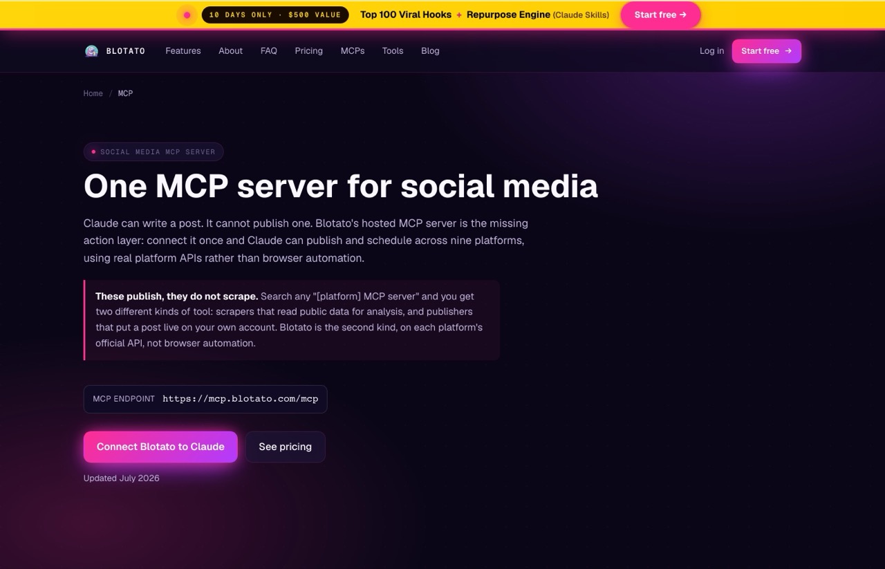 Blotato MCP server page showing the hosted endpoint for publishing to nine social platforms