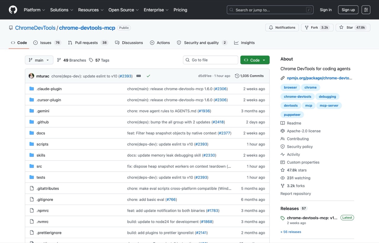 Chrome DevTools MCP server GitHub repository maintained by the Google Chrome team