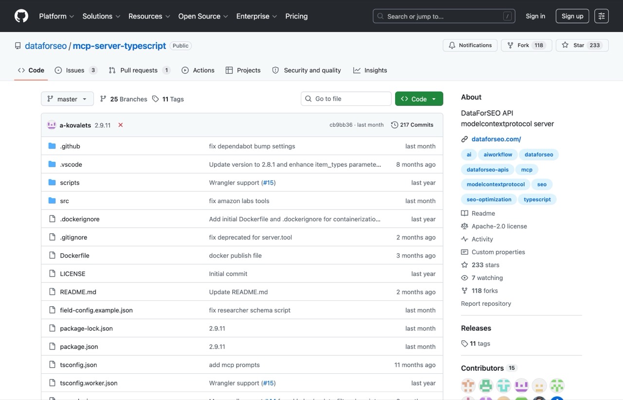 DataForSEO MCP server GitHub repository showing the open source SEO data integration