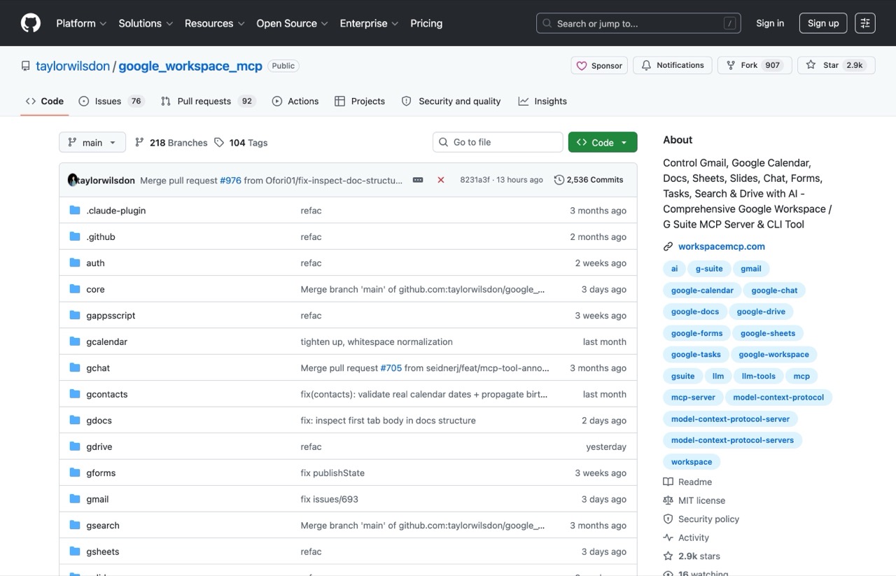 Google Workspace MCP server GitHub repository covering Gmail, Drive, Sheets and Calendar