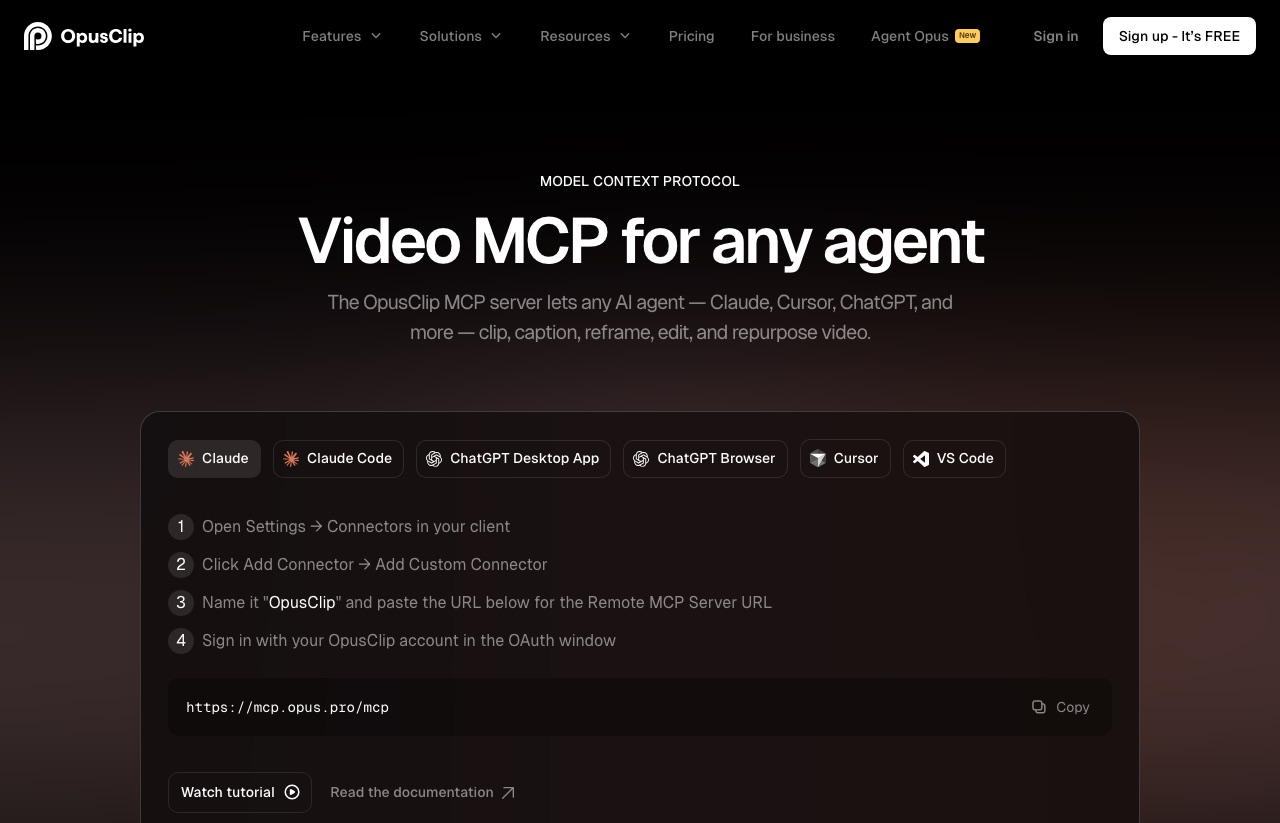 Opus Clip MCP server page showing the hosted endpoint and the four-step OAuth connector setup for Claude and Cursor