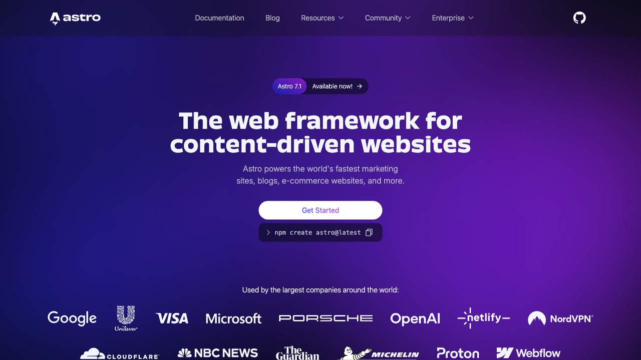 The Astro homepage showing it is a web framework for content-driven websites