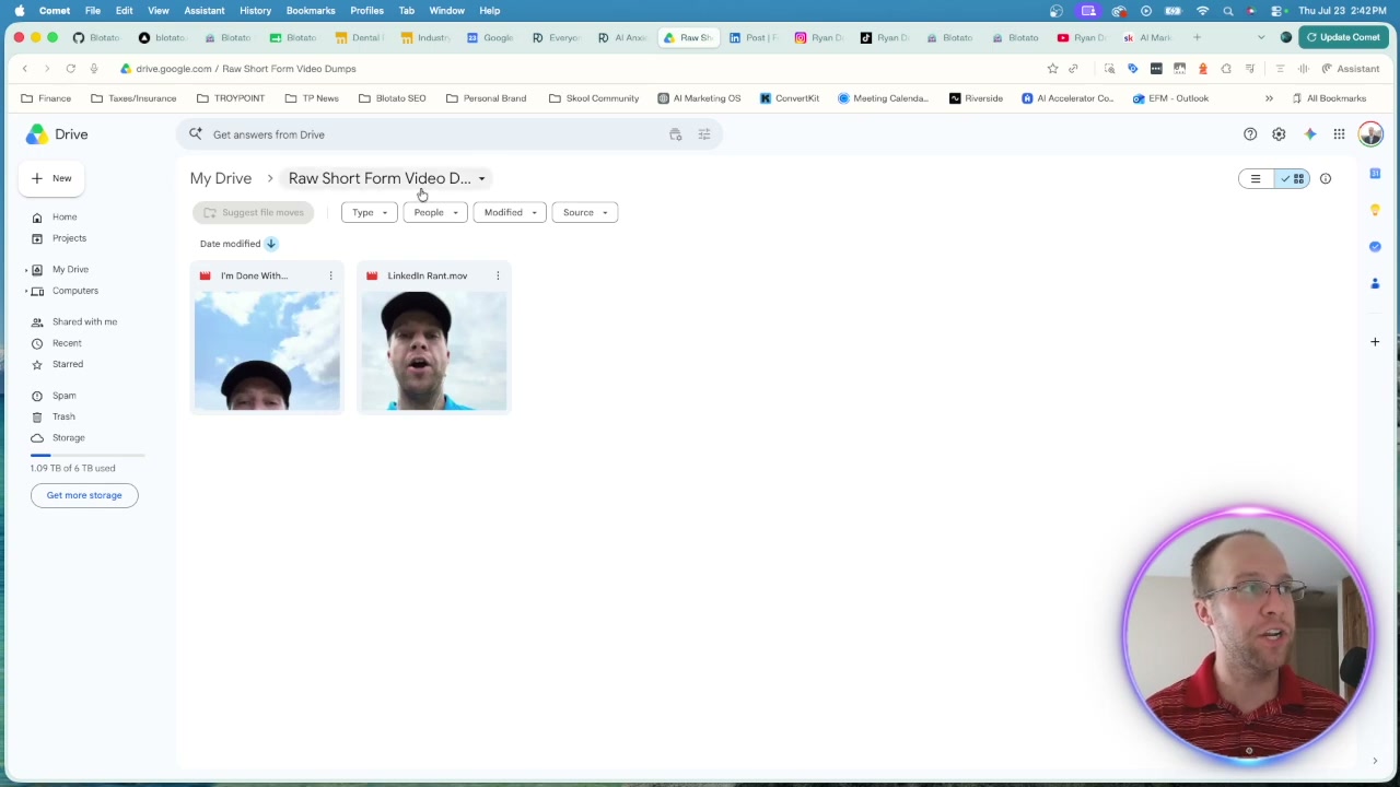Google Drive folder of raw short form videos recorded on daily walks to post consistently