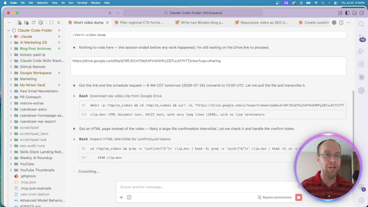 Claude Code slash command transcribing a walk-recorded clip to post on social media consistently