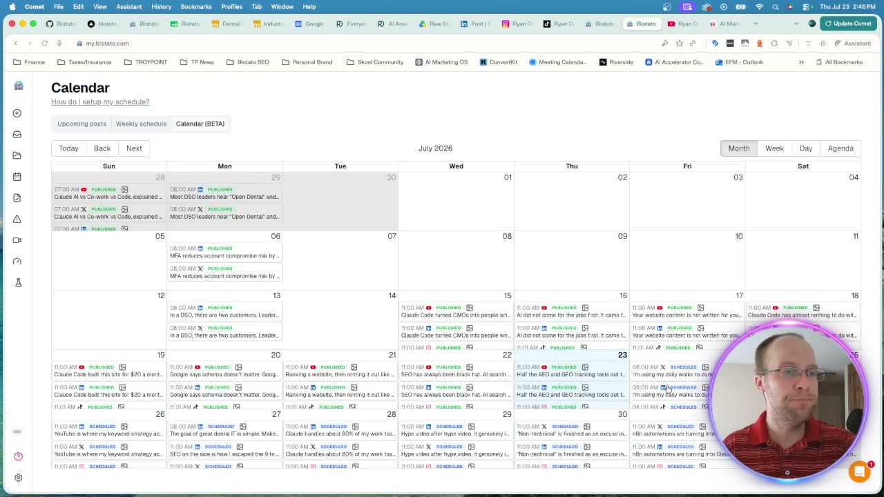 Blotato calendar showing consistently scheduled short form video posts across social platforms