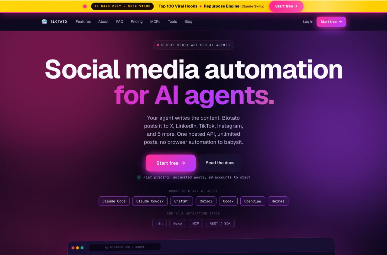 Blotato homepage positioning the product as social media automation for AI agents