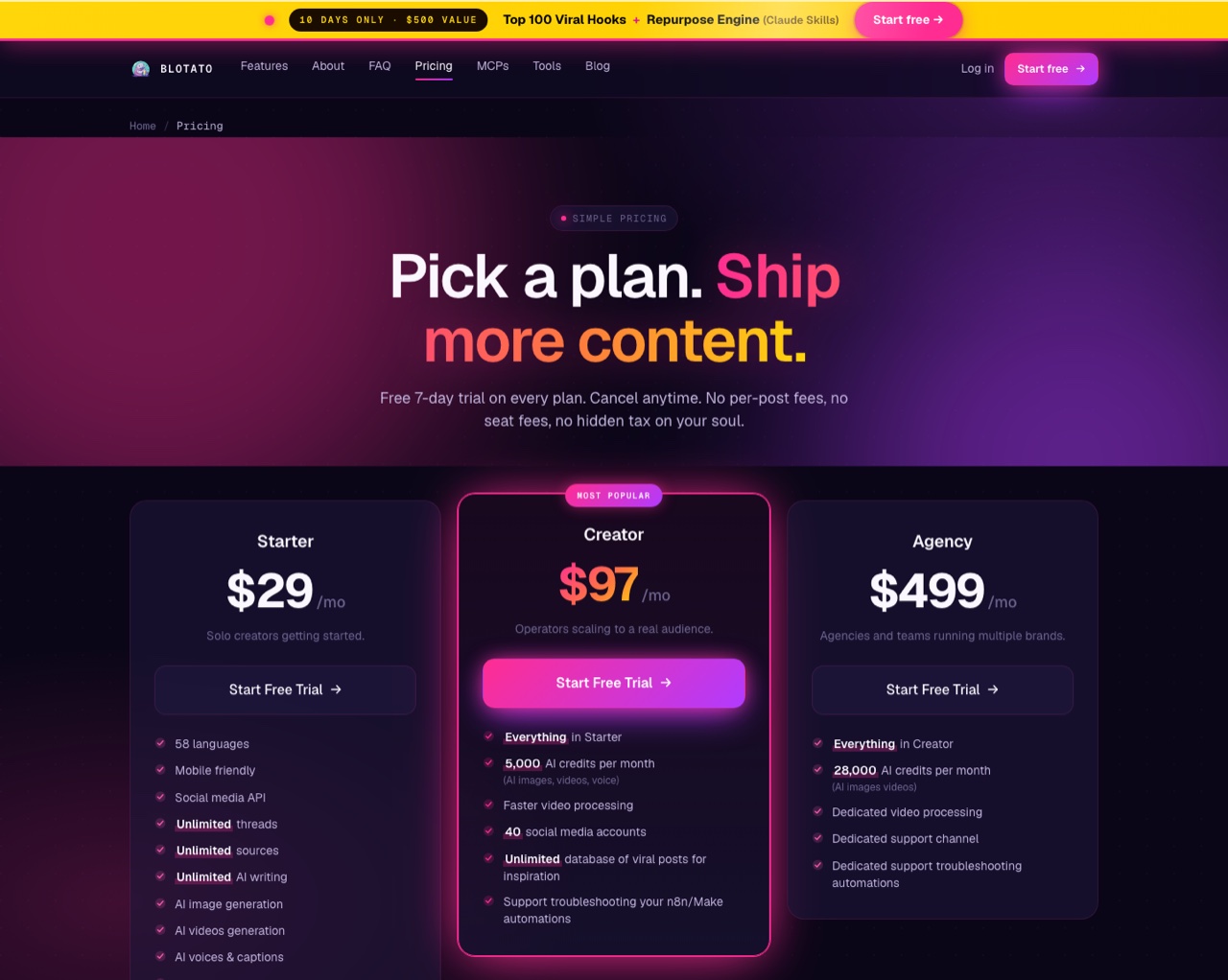 Blotato pricing page showing Starter $29, Creator $97, and Agency $499 plans