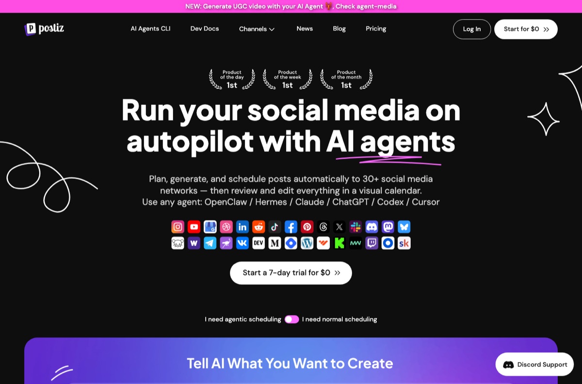 Postiz homepage showing agentic social media scheduling for AI agents