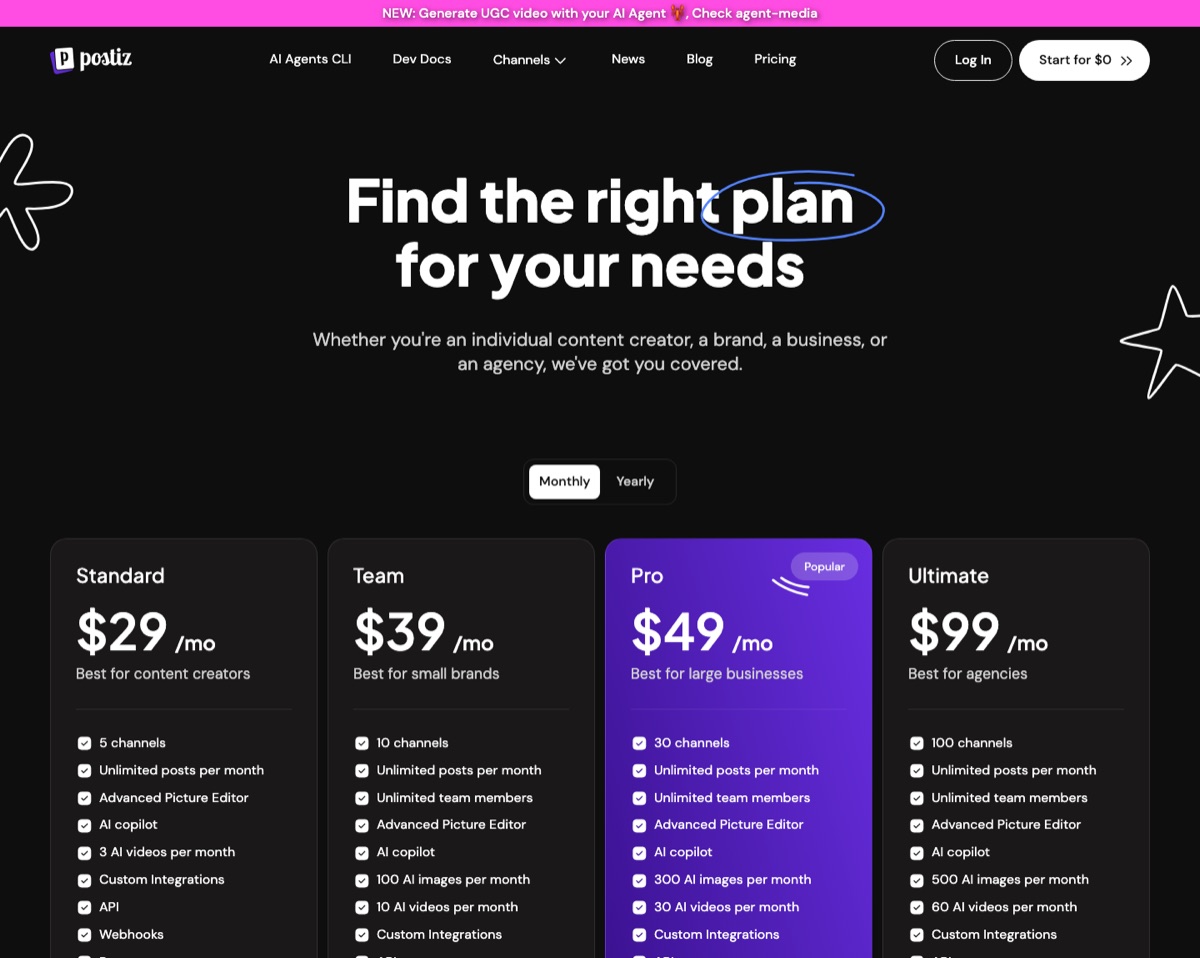 Postiz pricing page showing Standard $29, Team $39, Pro $49, and Ultimate $99 plans