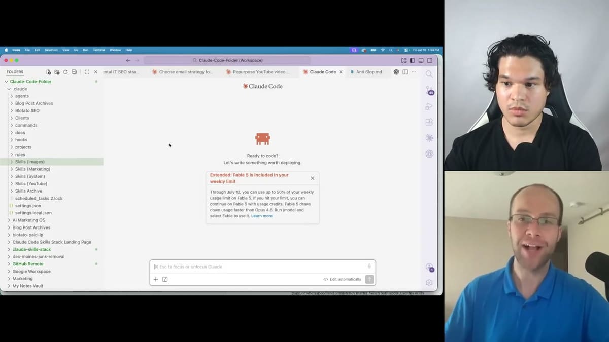 Reality of AI in 2026 setup showing Claude Code running inside VS Code with skills folders