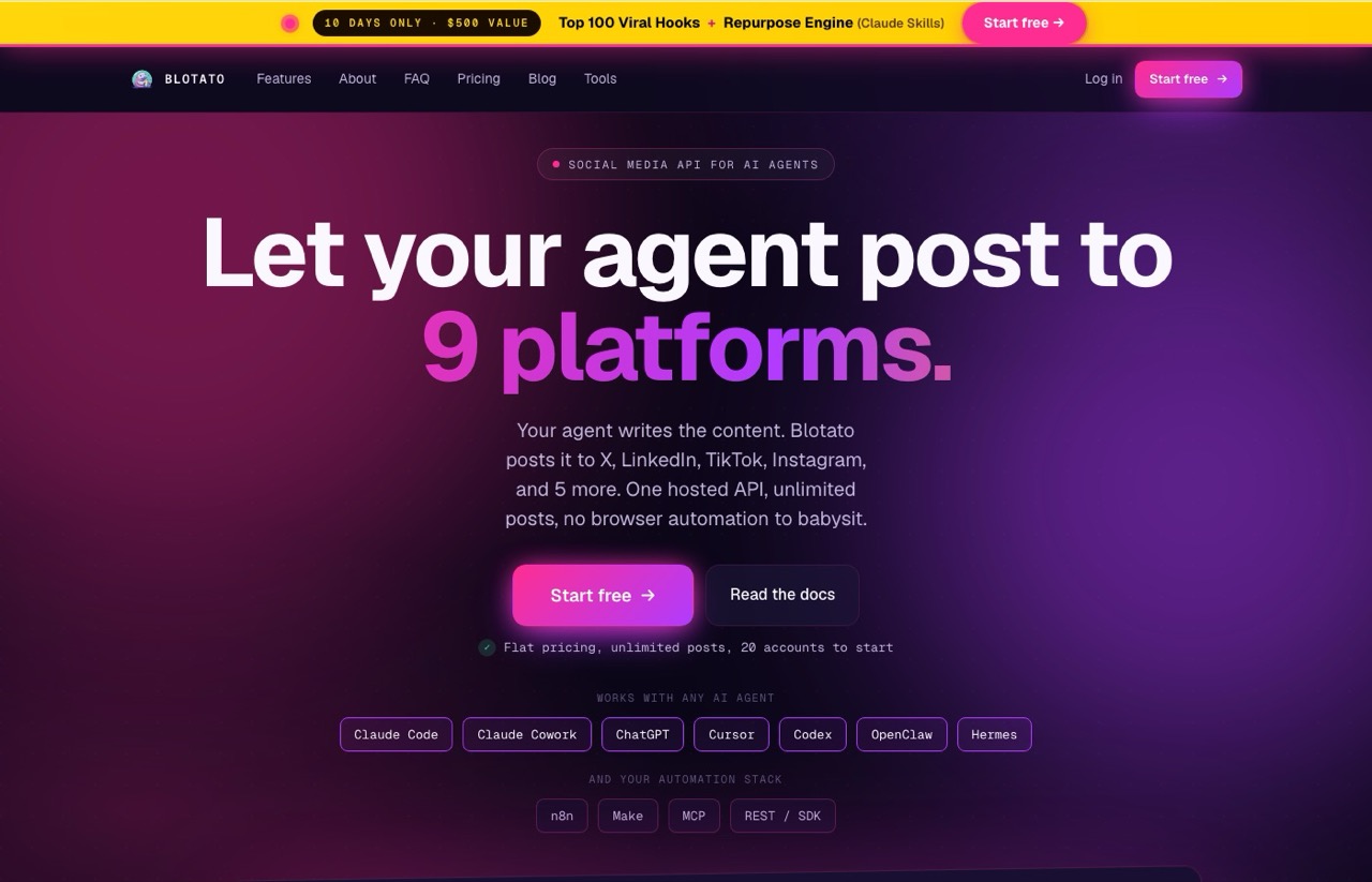 Blotato homepage showing social media API for AI agents posting to nine platforms