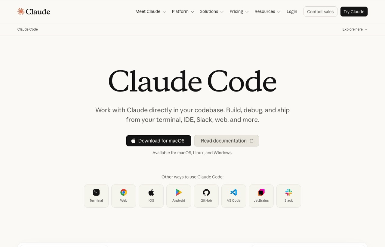 Claude Code product page showing terminal, IDE, and Slack access for social media automation