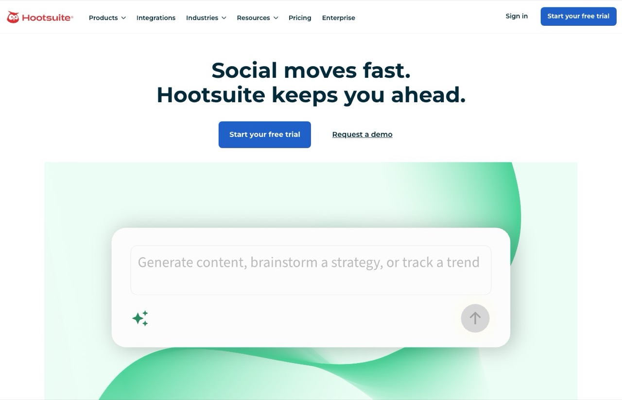 Hootsuite homepage showing its social media management platform for teams