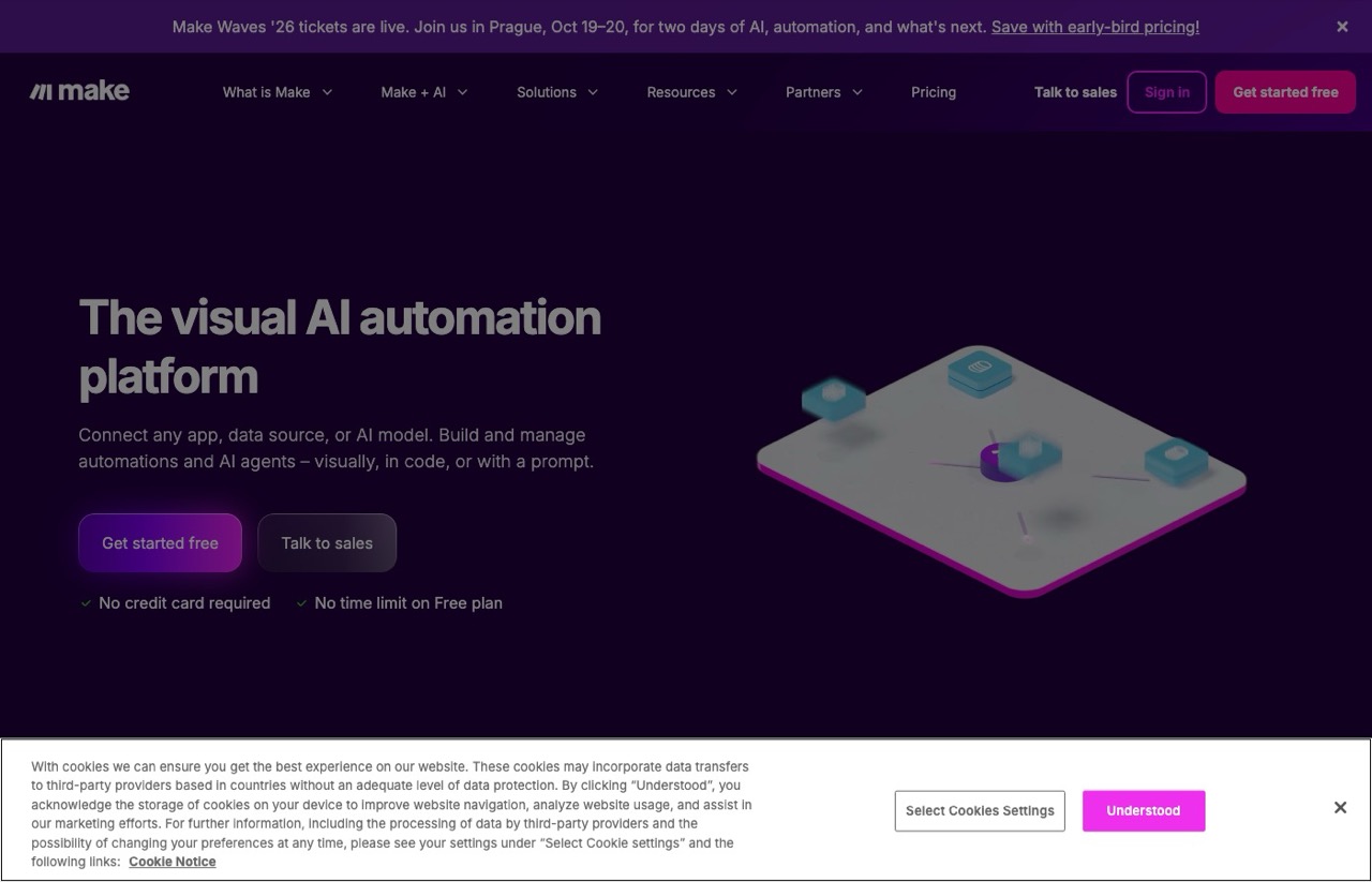 Make homepage showing its visual AI automation platform for connecting apps