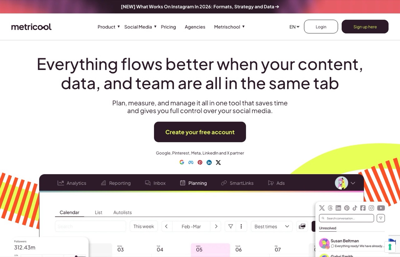 Metricool homepage showing its social media planning calendar and analytics dashboard