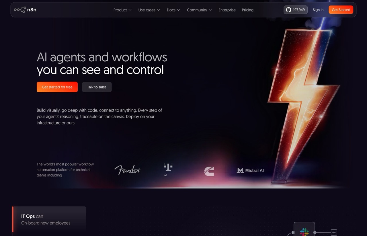 n8n homepage showing AI agents and workflows you can self-host for social automation