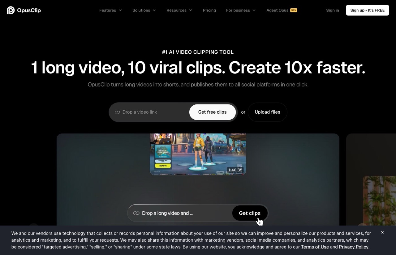 Opus Clip homepage showing AI video clipping that turns long videos into short clips