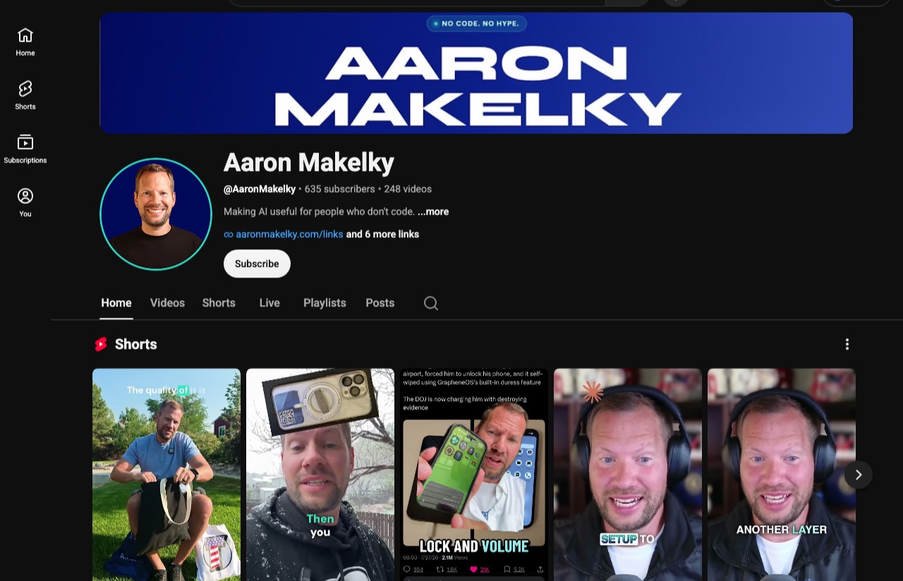 AI content creators to follow, Aaron Makelky YouTube channel teaching AI to people who don't code