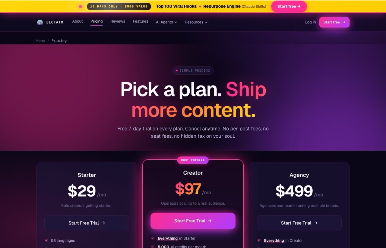 Ayrshare alternatives: Blotato pricing showing Starter, Creator and Agency plans with flat account limits