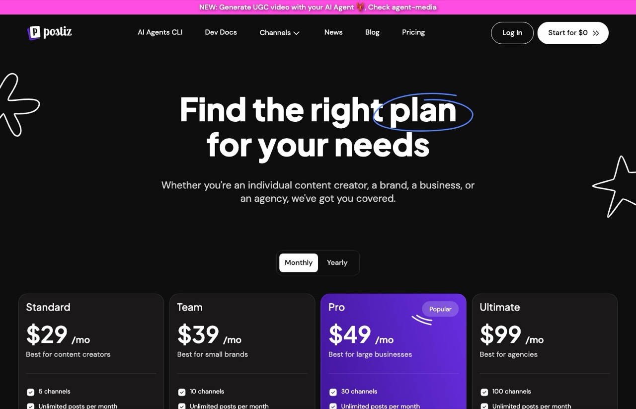Ayrshare alternatives: Postiz pricing set to monthly billing showing Standard through Ultimate channel tiers