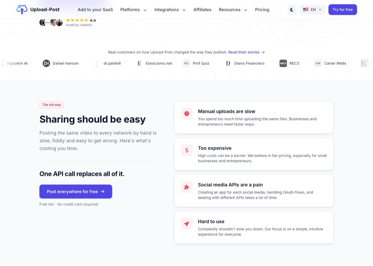 Ayrshare alternatives: Upload-Post pricing page showing its free tier and paid profile tiers