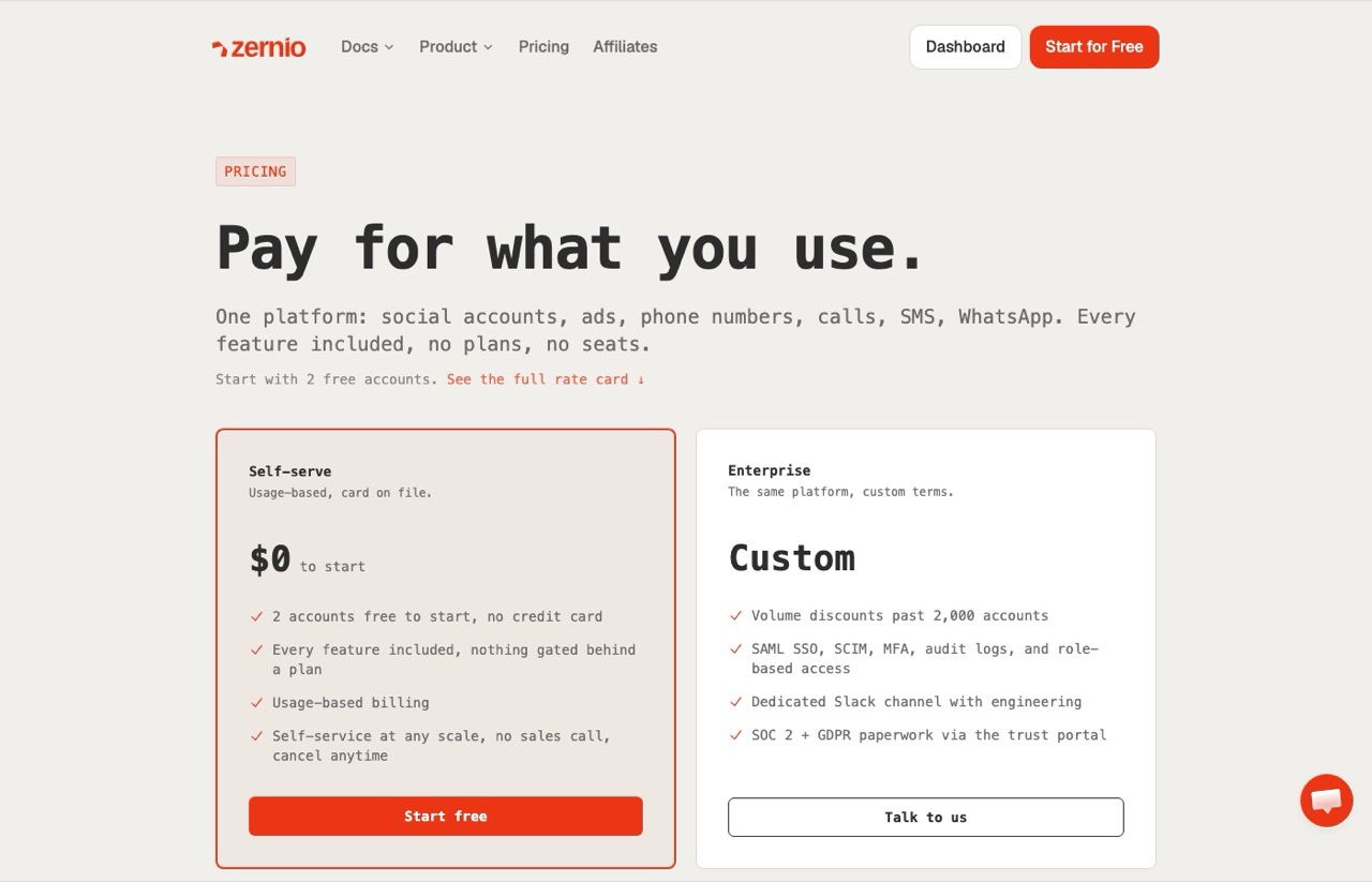 Ayrshare alternatives: Zernio pricing page showing usage-based billing starting with two free accounts