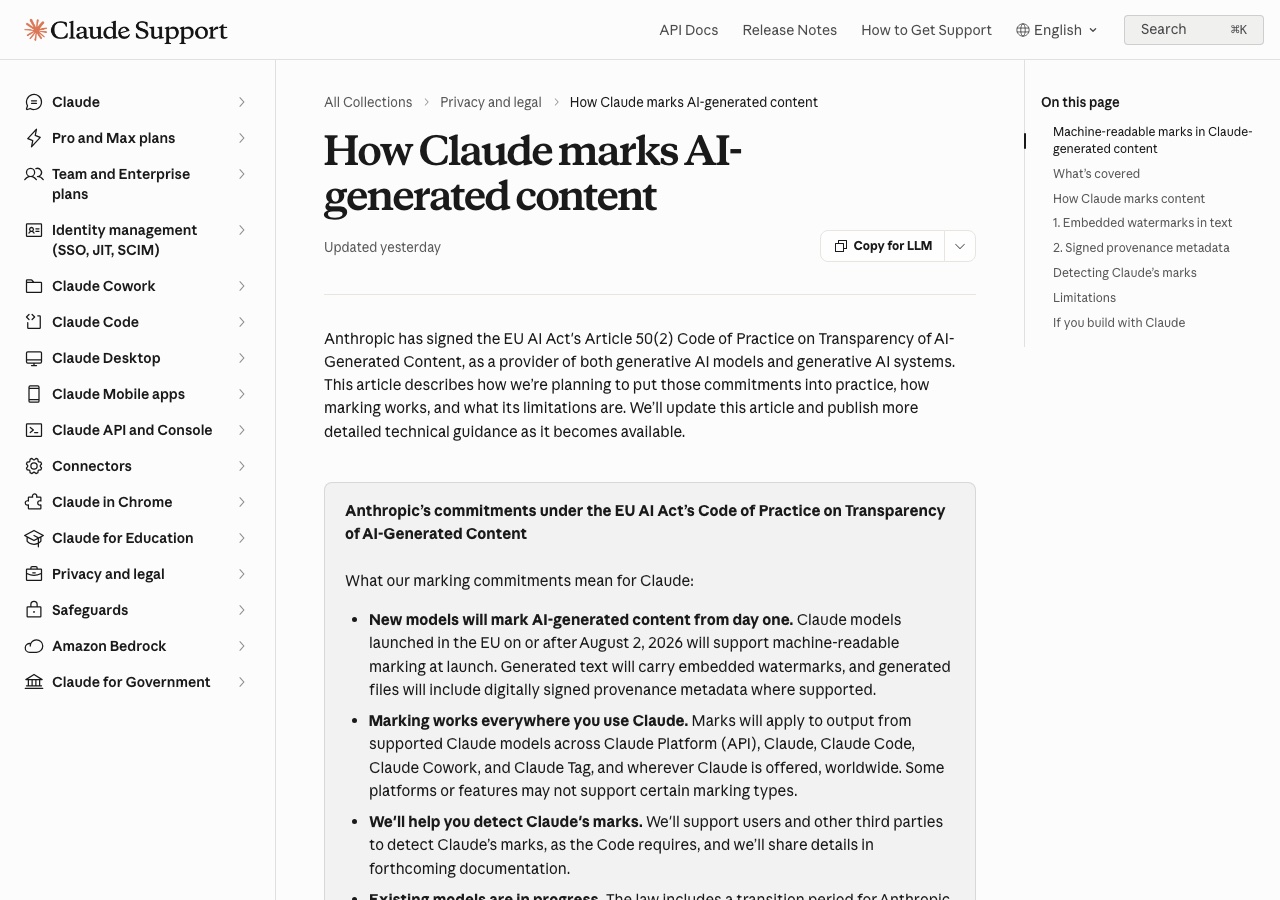 Claude watermark help center page with detection and limitations documentation sections