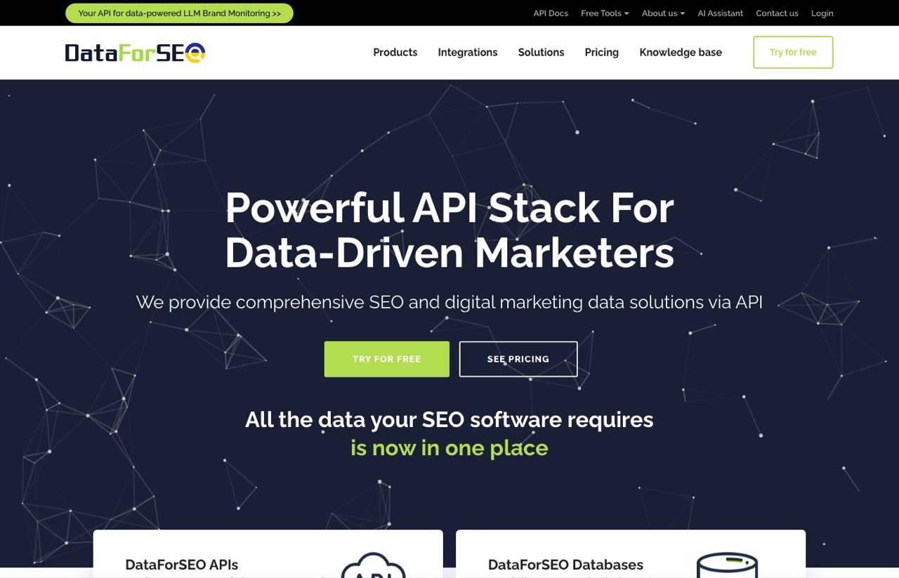 DataForSEO alternatives: the DataForSEO homepage describing its API stack for data-driven marketers
