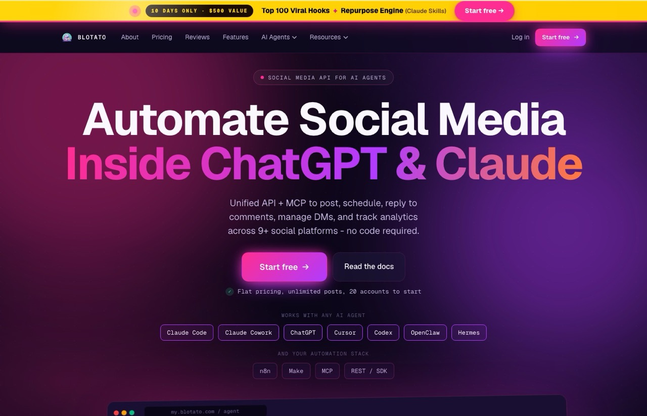 Blotato homepage, an AI social media publishing tool and Postiz alternative with a hosted MCP server