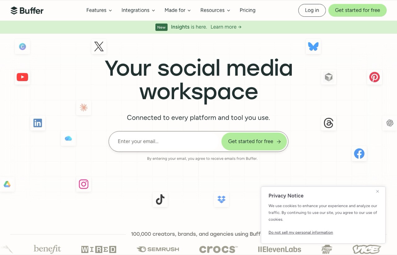 Buffer homepage, the most established scheduling tool among these Postiz alternatives