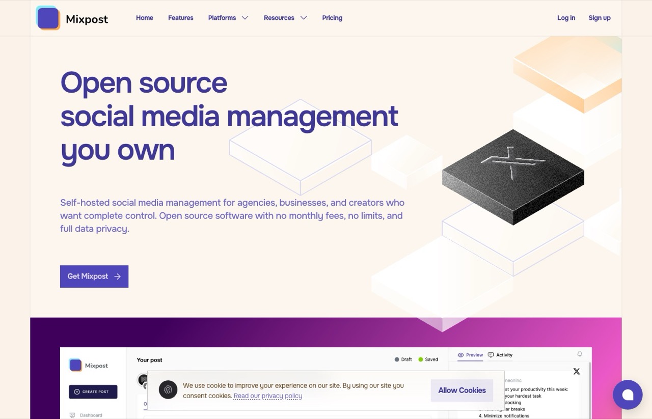 Mixpost homepage, a self-hosted open source Postiz alternative sold as a one-time license