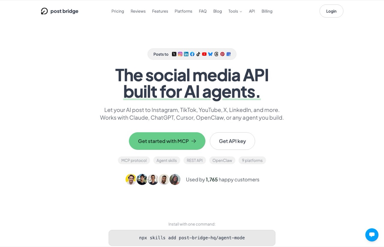 Post Bridge agents page, a social media API built for AI agents and a Postiz alternative