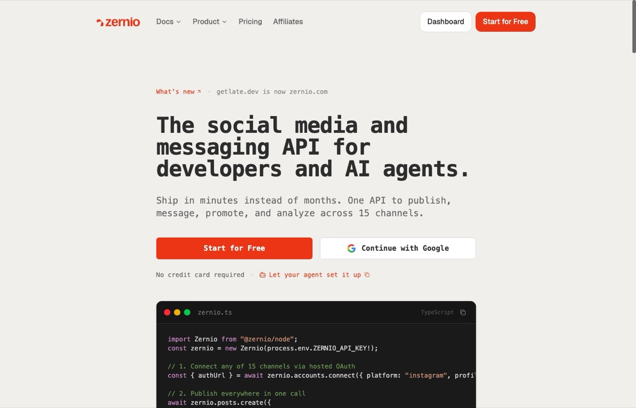 Zernio homepage, a social media and messaging API for developers and AI agents
