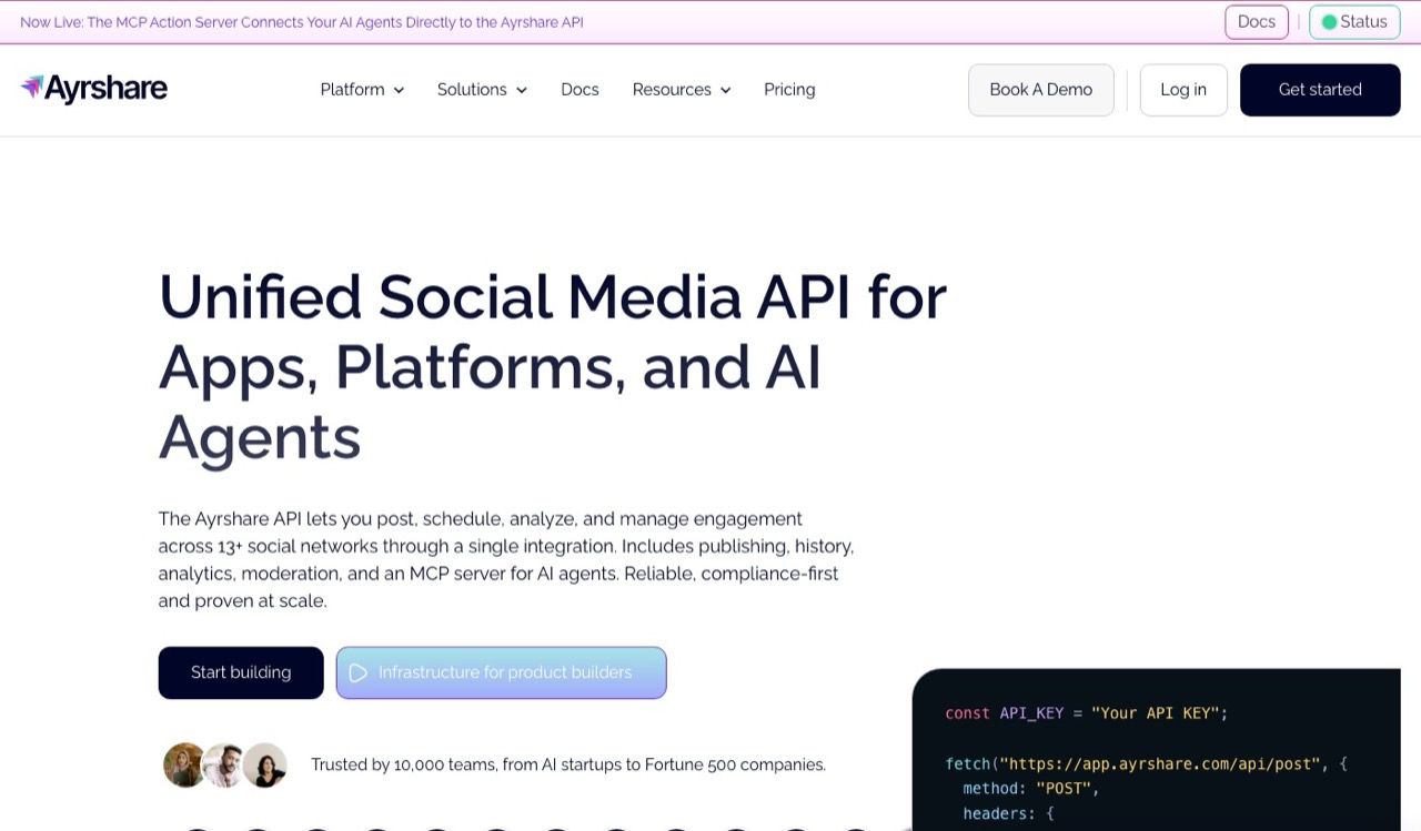 Ayrshare homepage showing a unified social media API for apps platforms and AI agents across 14 plus networks