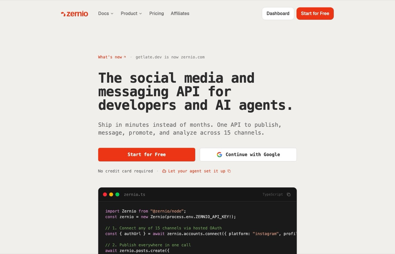 Zernio homepage describing a social media and messaging API for developers and AI agents across 16+ platforms