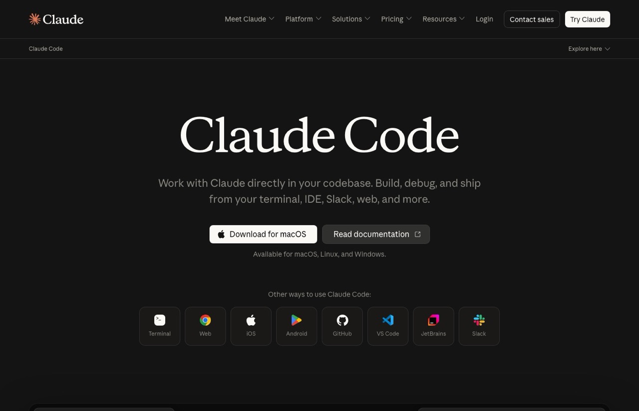 Claude Code homepage showing the agentic coding tool that runs in a terminal
